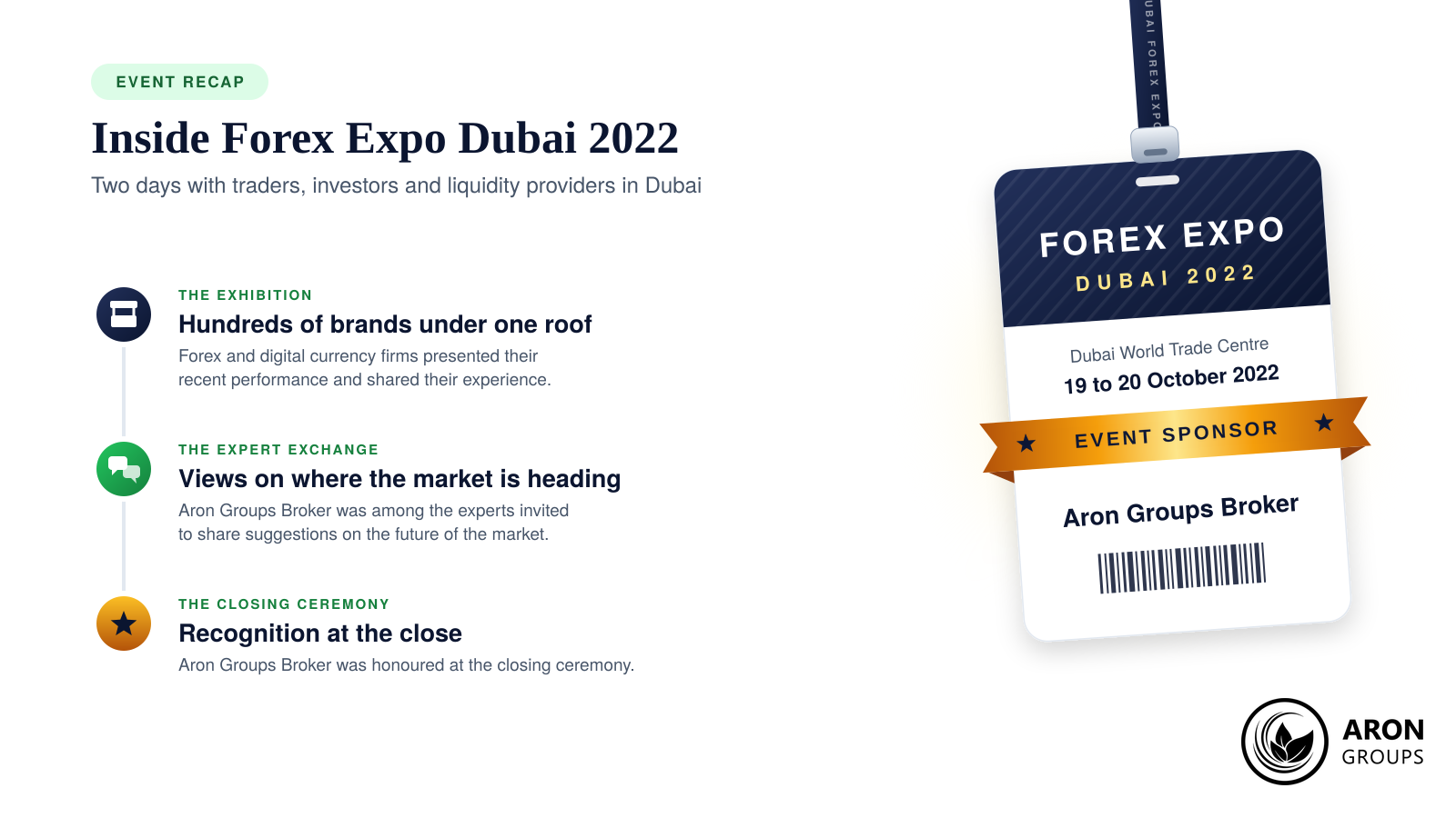 Forex Expo Dubai 2022 event pass for Aron Groups Broker, event sponsor at the Dubai World Trade Centre, 19 to 20 October 2022