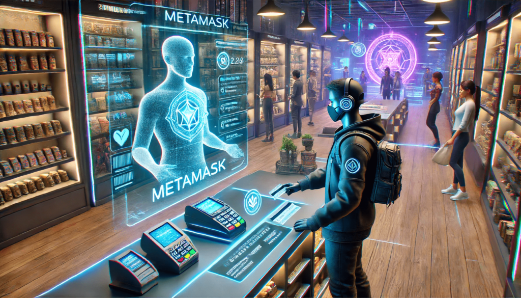 A scene inside a virtual store in the metaverse where an avatar is making a payment using a MetaMask wallet. The avatar stands at a checkout counter,