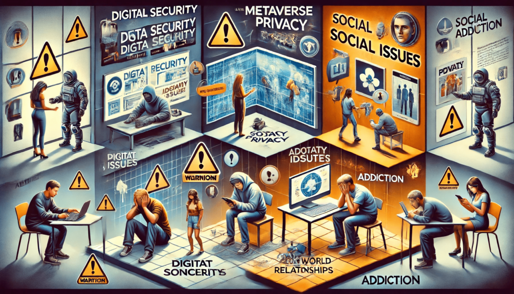 An illustration depicting the risks of the metaverse, including digital security, privacy, social issues, and addiction to the virtual world. The scen