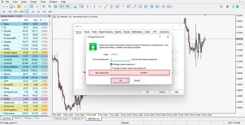 بازیابی رمز عبور متاتریدر