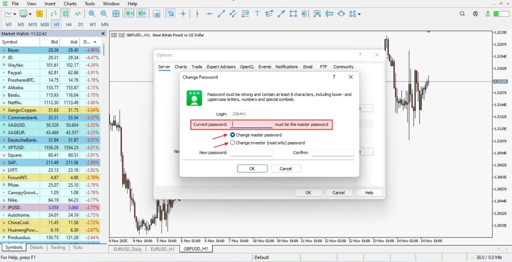 بازیابی رمز عبور متاتریدر