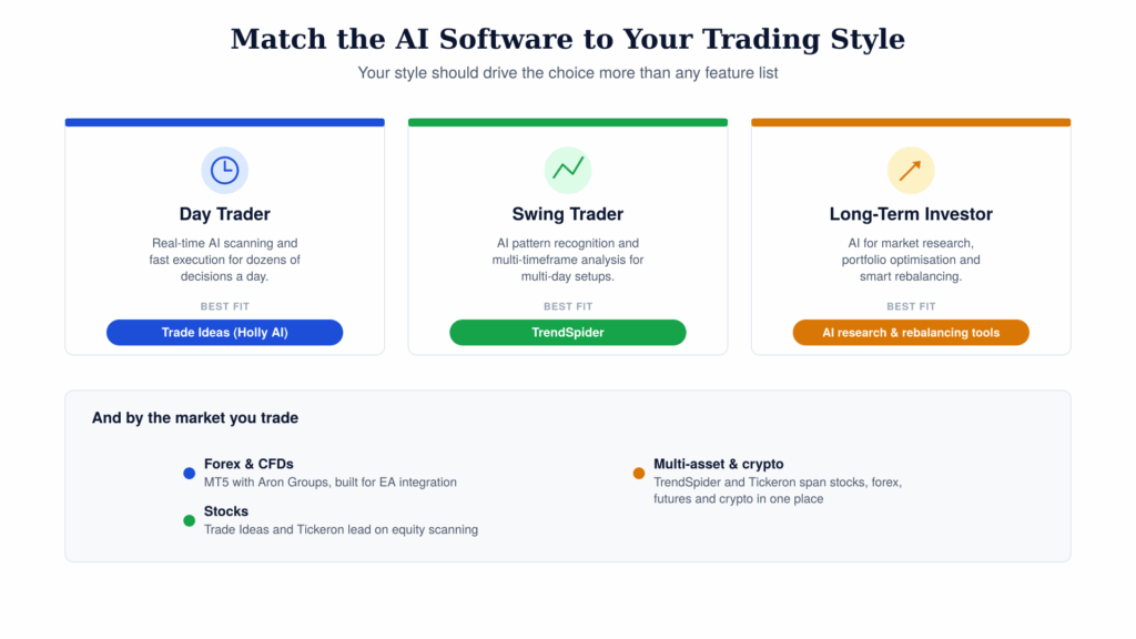 Matching AI trading software to trading style: Trade Ideas for day traders, TrendSpider for swing traders, AI research tools for long-term investors