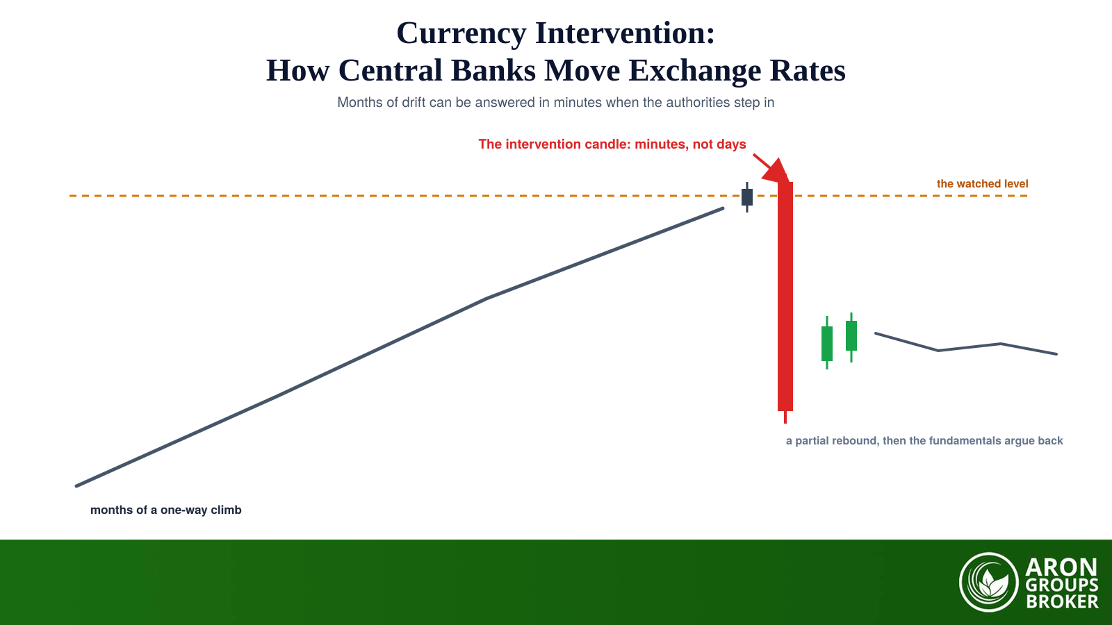 Currency intervention in one picture: months of drift answered in minutes when the authorities step in.