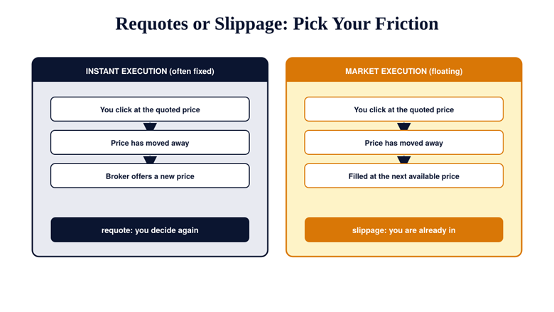 Instant execution requotes compared with market execution slippage