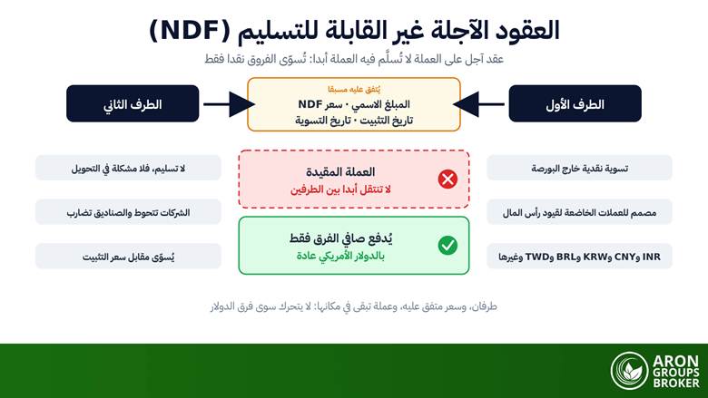 العقود الآجلة غير القابلة للتسليم (NDF): كيف تتحوط العقود المسوّاة نقدا من مخاطر العملات المقيدة